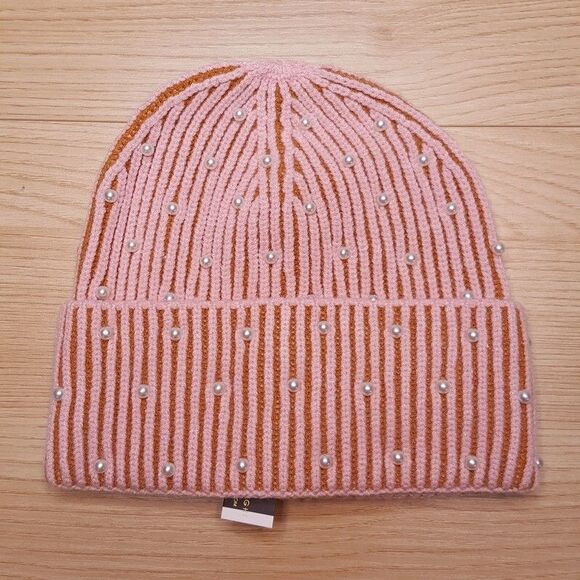 LELE SADOUGHI Beanie Hat Womens Pink Ribbed All Over Pearl Stretch Cuff $175 main image 5
